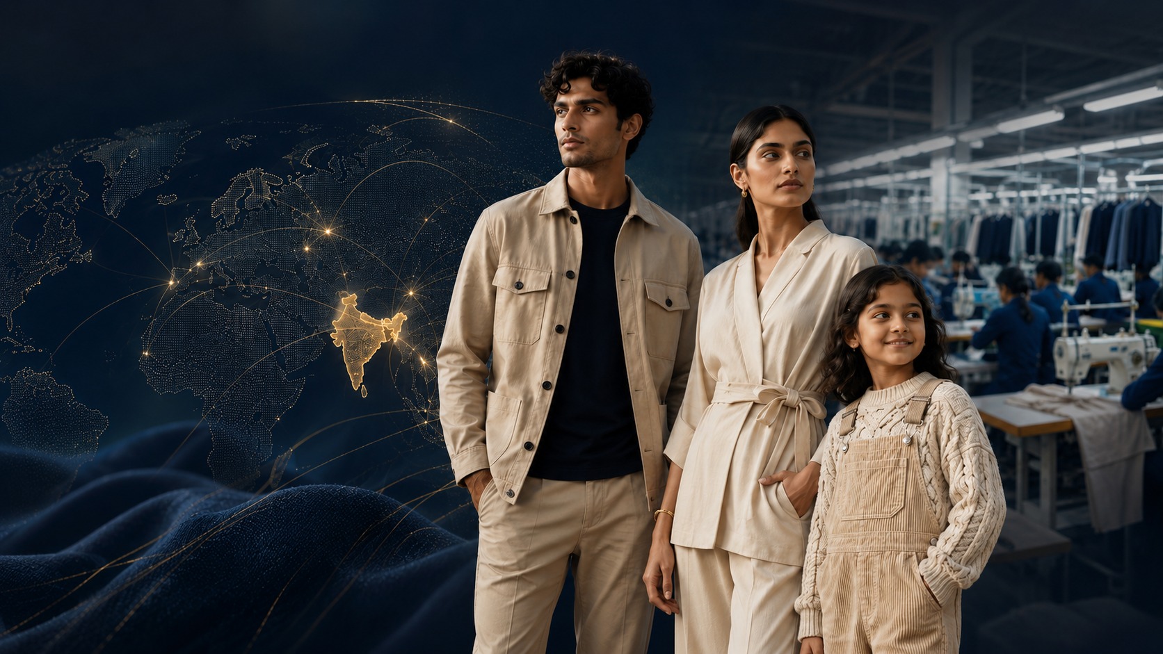 Premium apparel sourcing visual with models, world sourcing map, factory and EGENVA intelligence