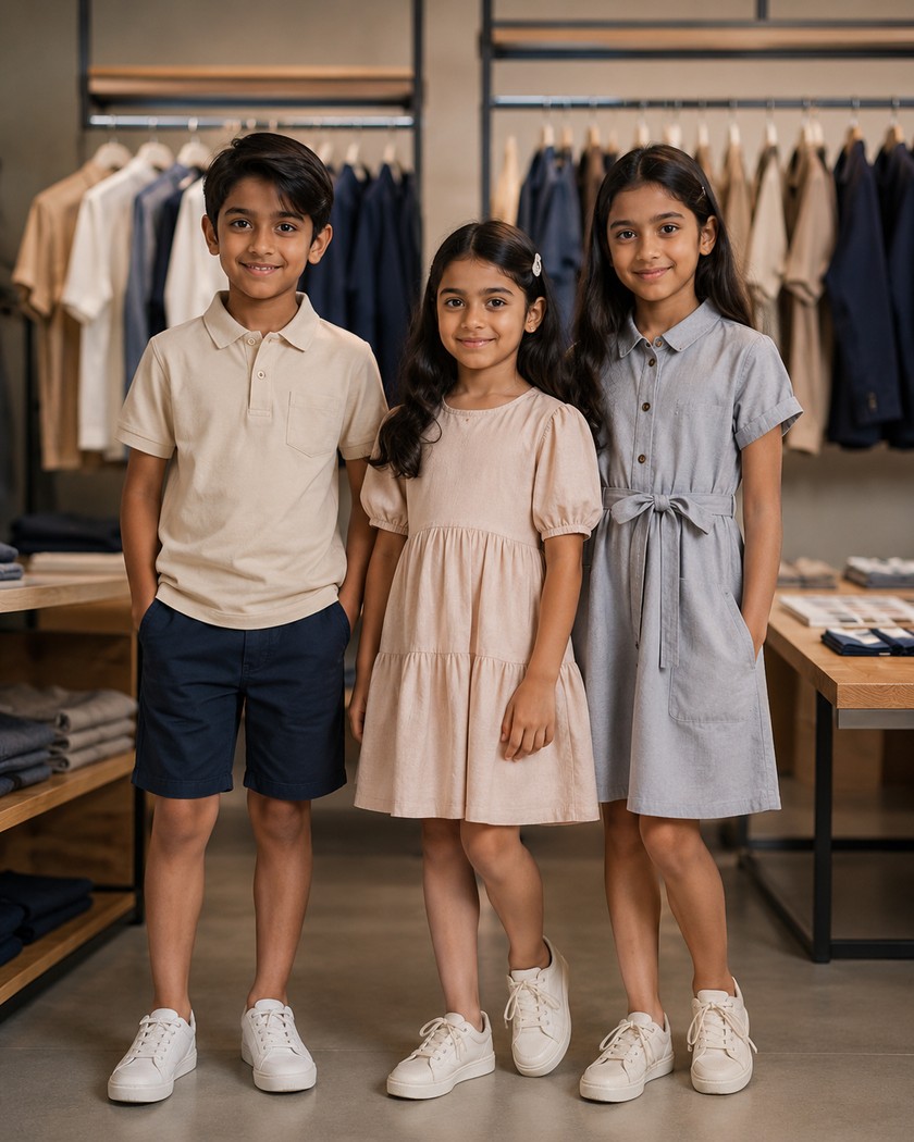 Kidswear sourcing portfolio with family-oriented garment visual