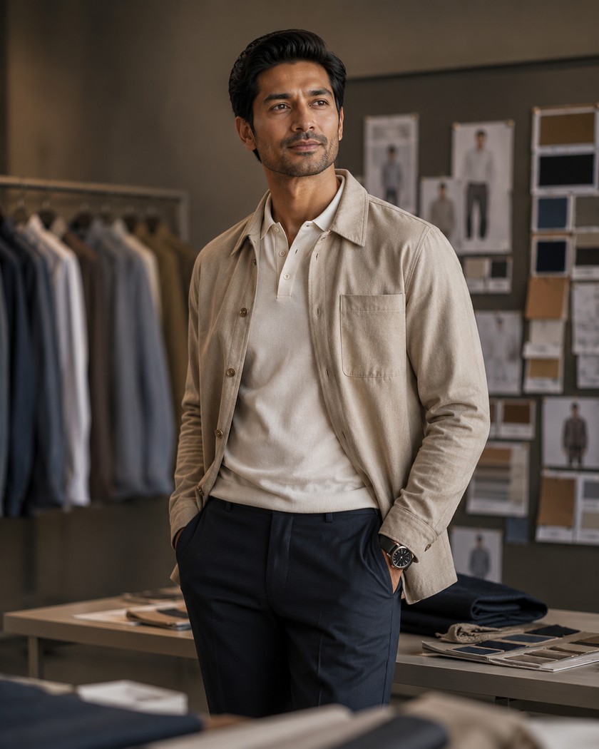 Menswear sourcing portfolio with contemporary apparel styling